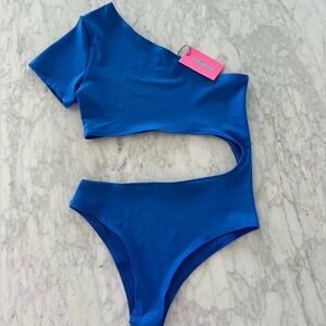 Blue One-Shoulder Cutout Bodysuit